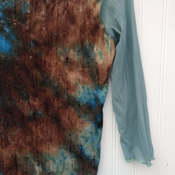 Vintage Y2K Tie Dye Mesh Top Size S Stretch Semi Sheer Blue Brown Whimsygoth - Picture 4 of 7